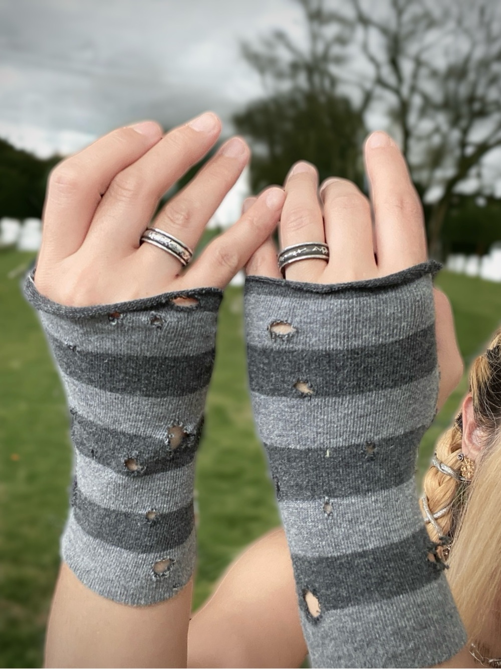 Custom Destroyed Grey & Black Deconstructed Striped Fingerless Gloves